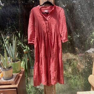 Visible Art Puffed Sleeve Linen Dress in Red, size XS,